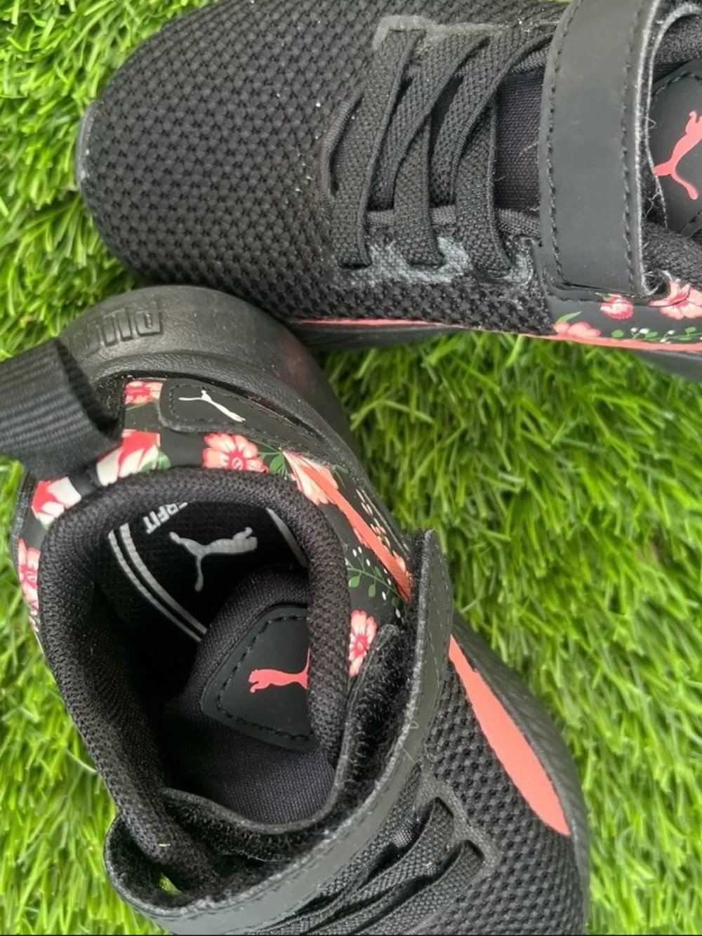 Puma Kids Black Sneakers with Pink Floral Accent